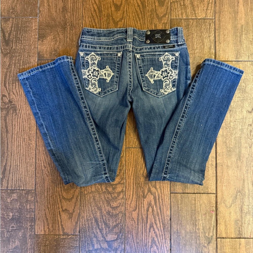 Miss Me Blue Boot Cut Jeans with White Embroidery